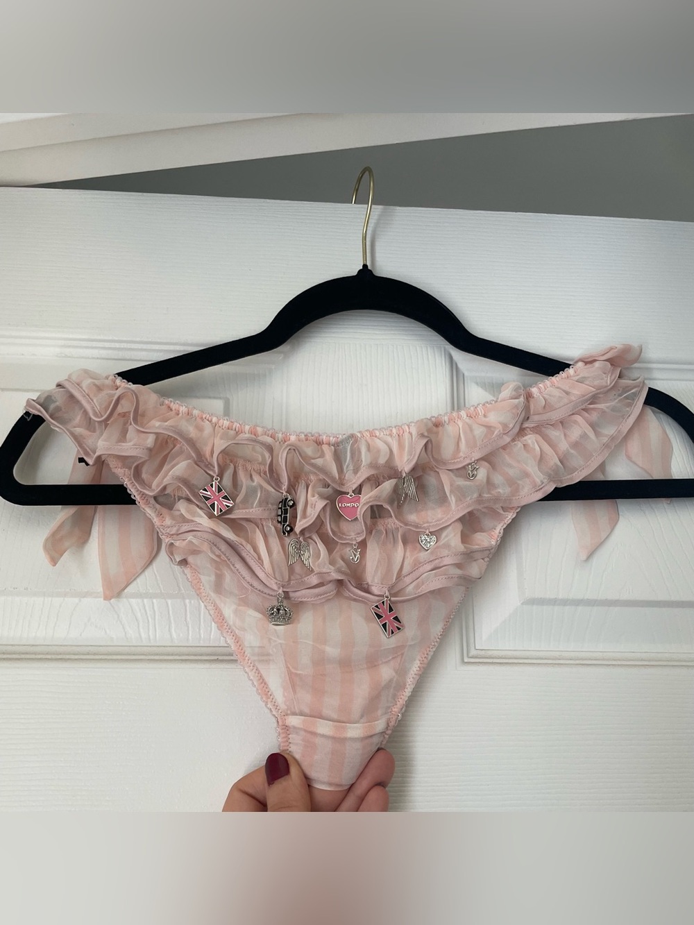 Victoria’s Secret Ruffle Trim Pink Stripe Underwear with Charm Accents